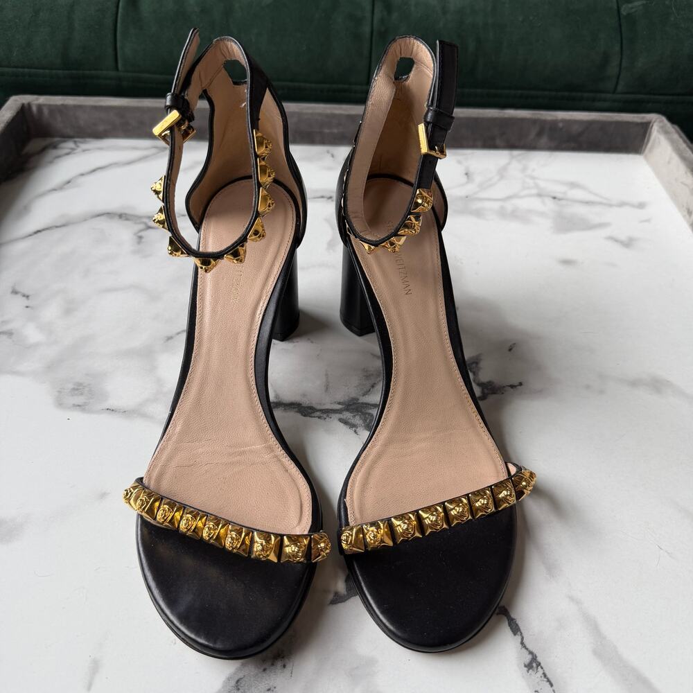 Stuart Weitzman Rosemarie Black Leather Studded Sandal Heels Size 9.5 - Picture 3 of 10
